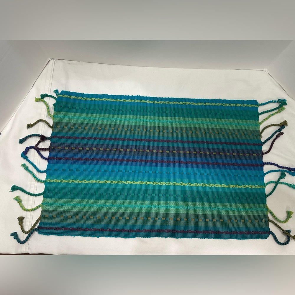 Pier 1 Multi Striped Placemats Blue/Green Fringe Set of 4 14”x20”